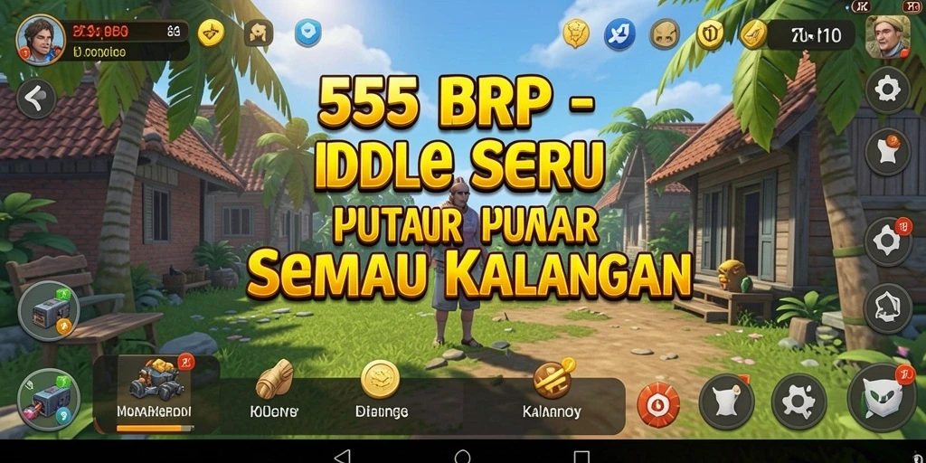 Tangkapan layar gameplay 55RP yang menunjukkan kemajuan otomatis dan karakter unik.