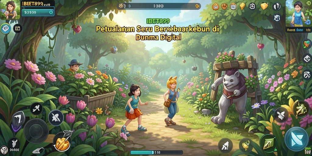 Screenshot utama IBET899 menampilkan suasana gameplay berkebun yang ceria.