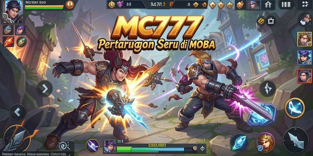 Screenshot utama MC777 menunjukkan pertarungan seru dalam gameplay MOBA.