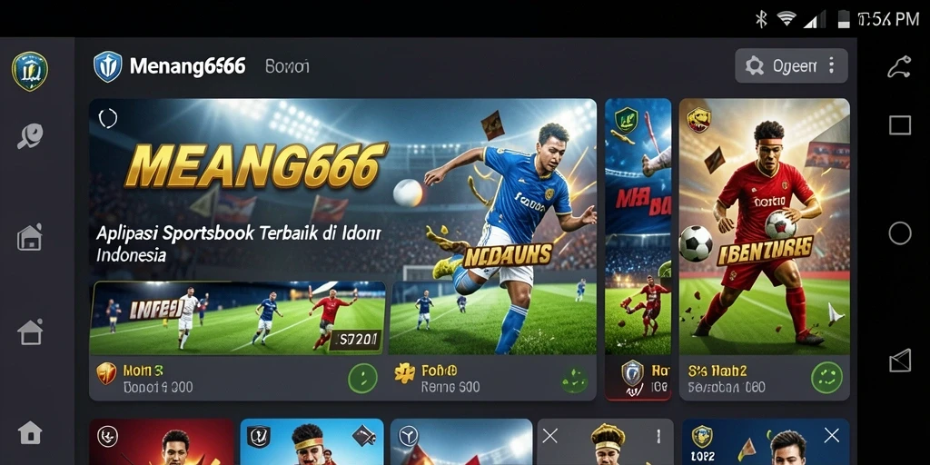 Tampilan screenshot utama MENANG666 menampilkan antarmuka aplikasi Sportsbook yang menarik.