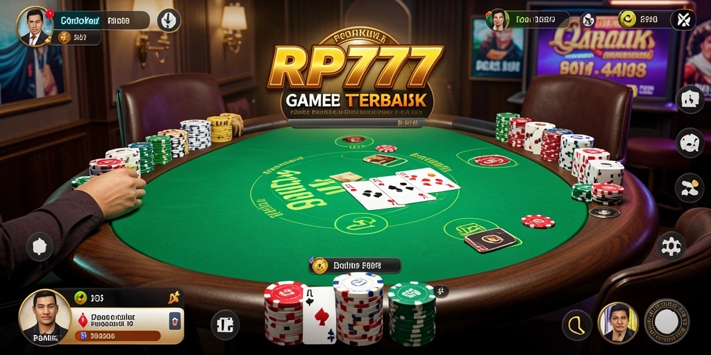 Screenshot utama RP777 menunjukkan suasana meja poker yang menegangkan.