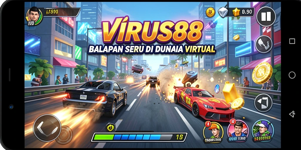 Screenshot gameplay balapan di VIRUS88 yang penuh aksi.
